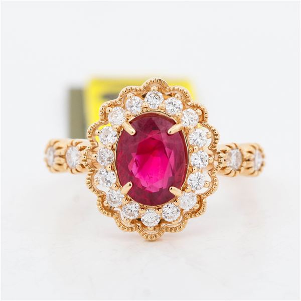 18KYG GIA Certified 1.98ct Burmese Ruby & 0.55ctw Diamond Ring, 6.25