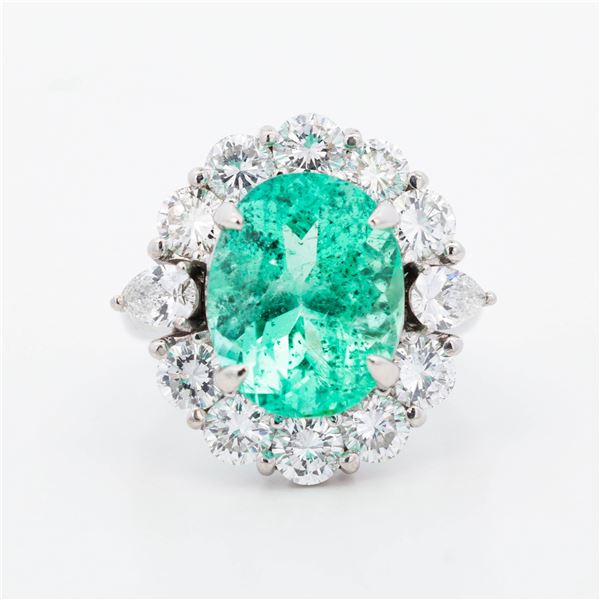 GIA Pt900 7.12ct Emerald & 2.94ctw Diamond Cluster Ring, 6