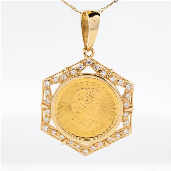24K/18KYG Diamond Maple-Leaf 2023 $5 1/10oz Coin Pendant, 18"