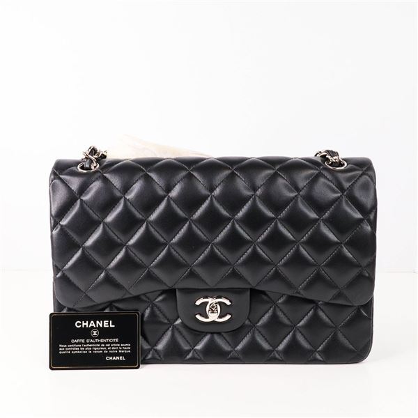 CHANEL Black Lambskin Double Flap Bag Matlasse 30 Size Silver Hardware 23 Series w/Card & Storage