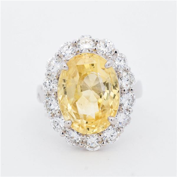 GIA Certified Pt900 12.12ct No Heat Ceylon Yellow Sapphire & 2.38ctw Diamond Ring, Size 6.25