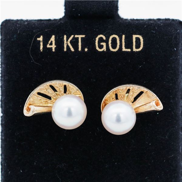 14KYG Mikimoto Pearl Nautilus/Shell Design Stud Earrings