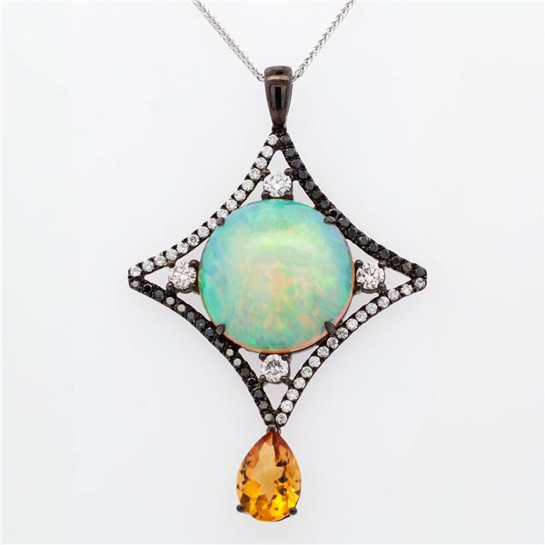18KWG 21.13ct Opal, 3.57ct Citrine, 1.46ctw White Diamond & 1.04ctw Black Diamond Pendant Necklace