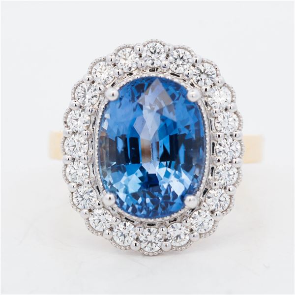 18KYG/Pt900 7.248ct Sapphire & 0.75ctw Diamond Halo Ring, 6.25
