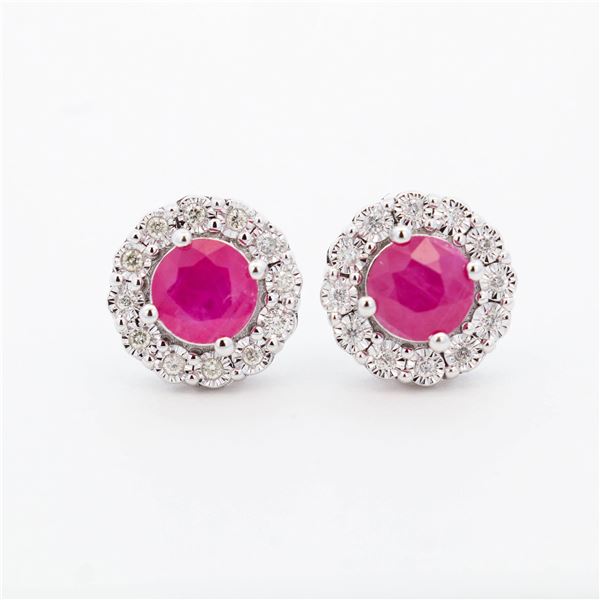 14KWG EFFY 1.14ct Ruby & Diamond Halo Stud Earrings