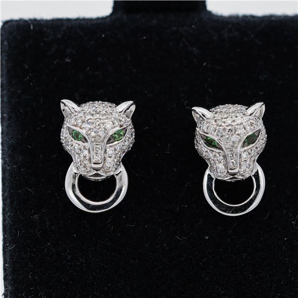 14KWG EFFY Diamond & Tsavorite Panther-Head Stud Earrings