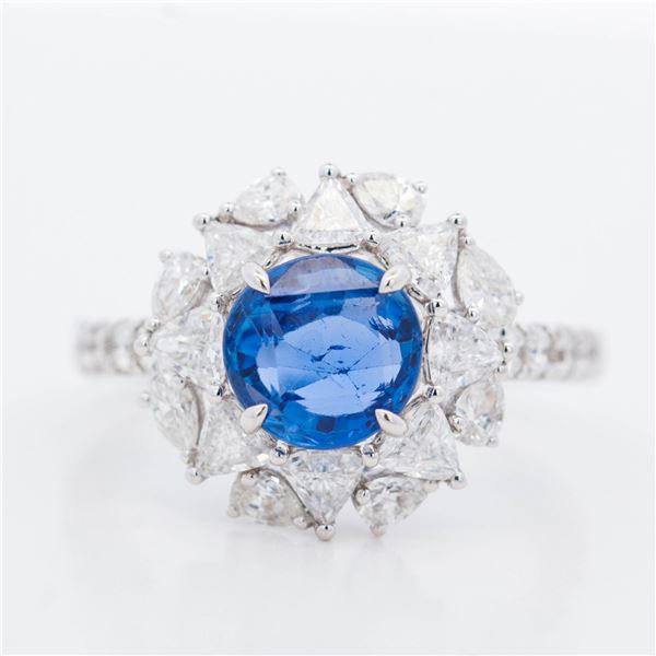 GIA 18KWG 1.82ct No-Heat Sri Lanka Sapphire & 1.27ctw Diamond Cluster Ring, 6.25