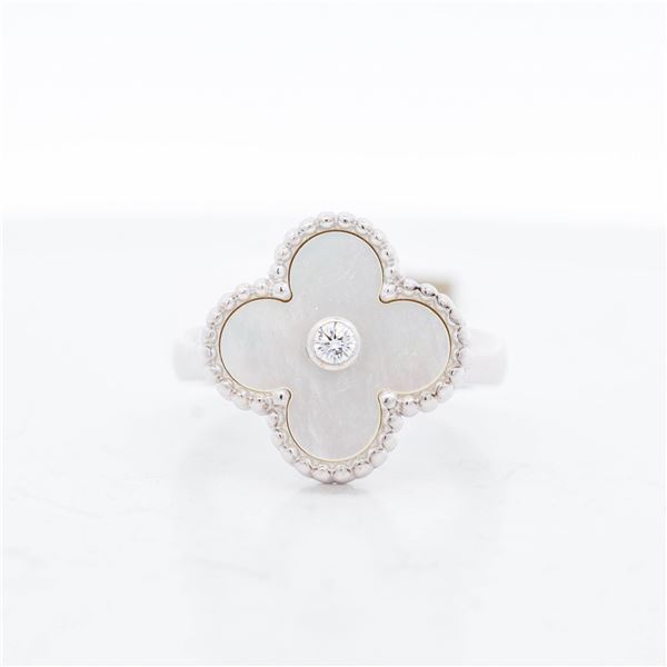 18KWG Van Cleef & Arpels 0.05ct Diamond Vintage Alhambra MOP Ring, 4.75