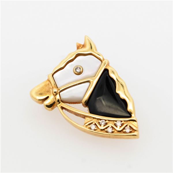 18KYG Black Onyx, Mother of Pearl & Diamond Horse Brooch