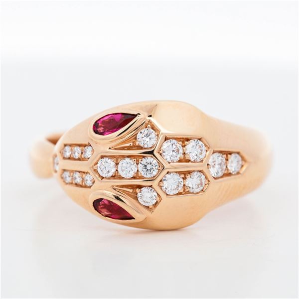18KRG Bvlgari Serpenti Seduttori 0.75ctw Diamond & Rubellite Snake-Head Ring, 7.25