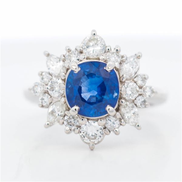 GIA Pt900 2.05ct Sapphire & 1.07ctw Diamond Cluster Ring, 5.25
