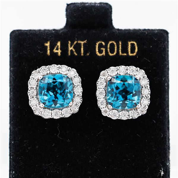 14KWG EFFY 5.85ct London Blue Topaz & Diamond Halo Stud Earrings