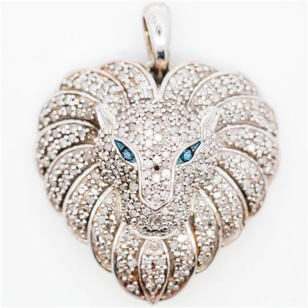 14KWG 7.6 grams Figural Lion Pendant with Diamond Pave and Sapphire Eyes
