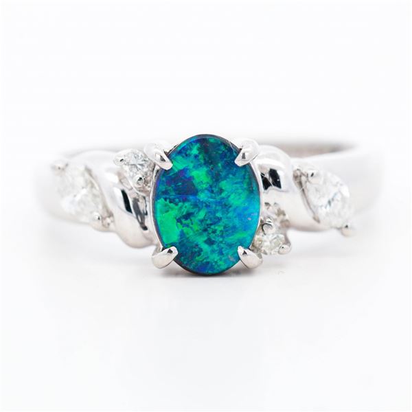Pt900 1.24ctw Black Opal & Diamond Three-Stone Ring, 7.5