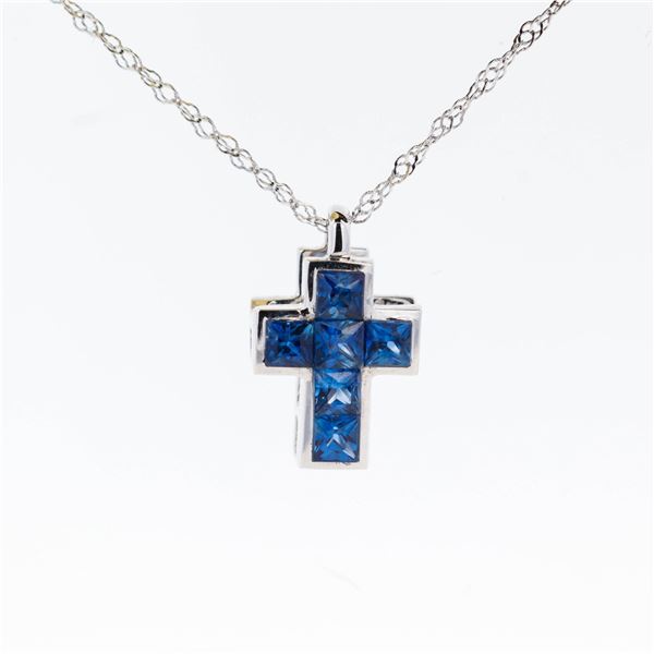 18KWG Invisible-Set Sapphire Cross Pendant Necklace, 18"