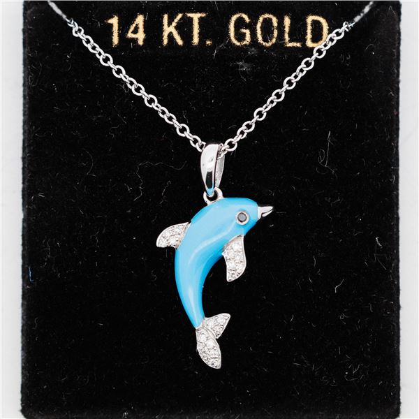 14KWG Effy Sweetheart Blue Enamel Dolphin Pendant Necklace 18"