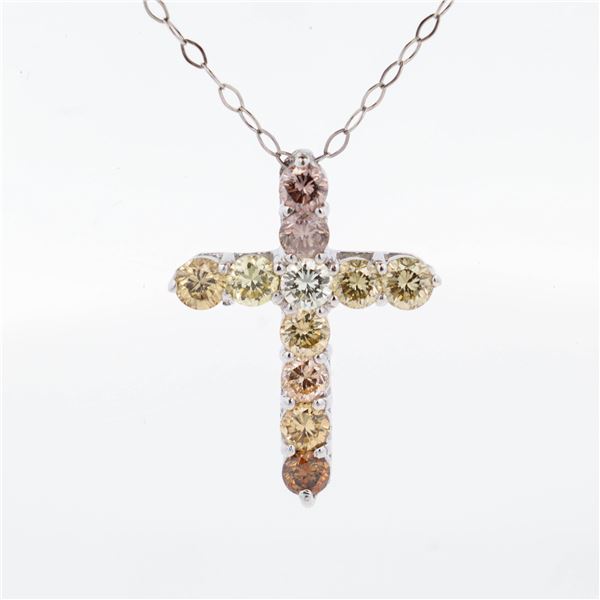 PT900 1.00ctw Multicolor-Diamond Cross Pendant Necklace, 18"