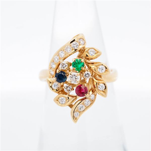 18KYG 0.40ctw Diamond & 0.34ctw Mixed-Gem Floral Cluster Ring, 5