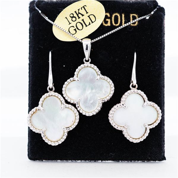 18KWG Mother-of-Pearl Quatrefoil Pendant & Drop Earring Set, 18"