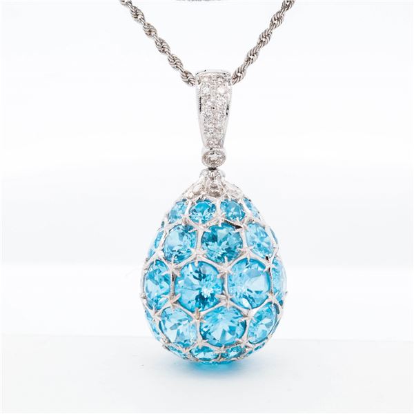 18KWG Blue Topaz & Diamond Pave “Egg?? Pendant Necklace 16"
