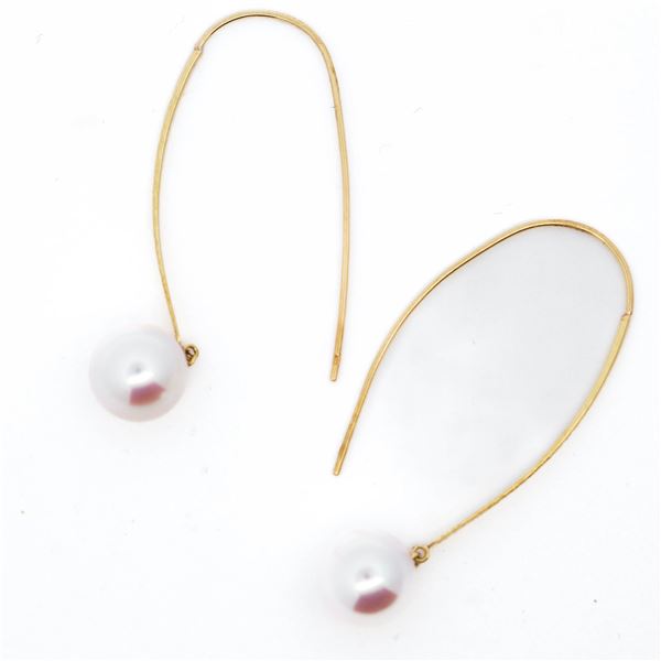 18KYG 8mm Akoya Pearl Hammered-Wire Dangle Earrings