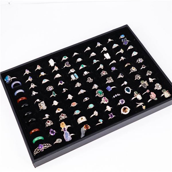 Group lot of 100 semi precious gemstone rings