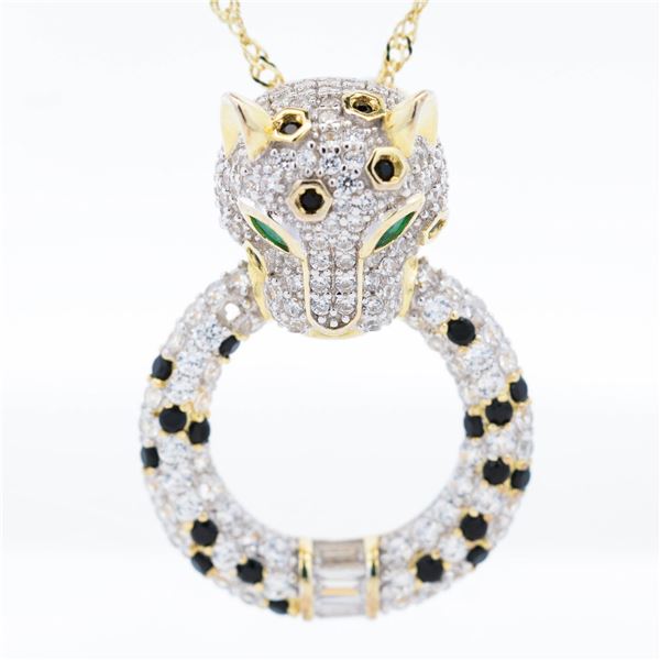 Estate Diamond Pave Panthere Necklace with Sapphires and Emeralds, Singapore Chain