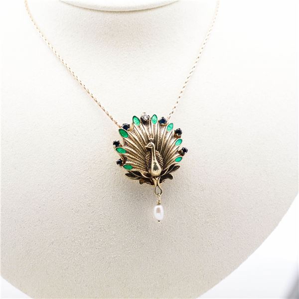 14KYG Igor Carl Faberge Peacock Pendant Necklace Watch