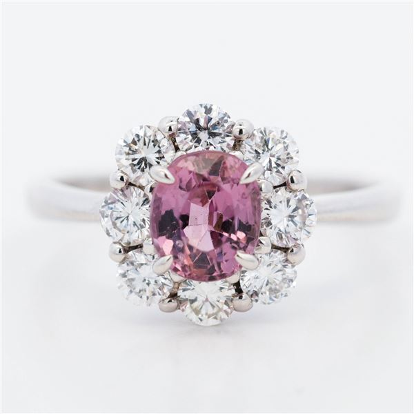 Pt950 1.20ct Spinel & 0.82ctw Diamond Cluster Ring, 6.75 w/Report