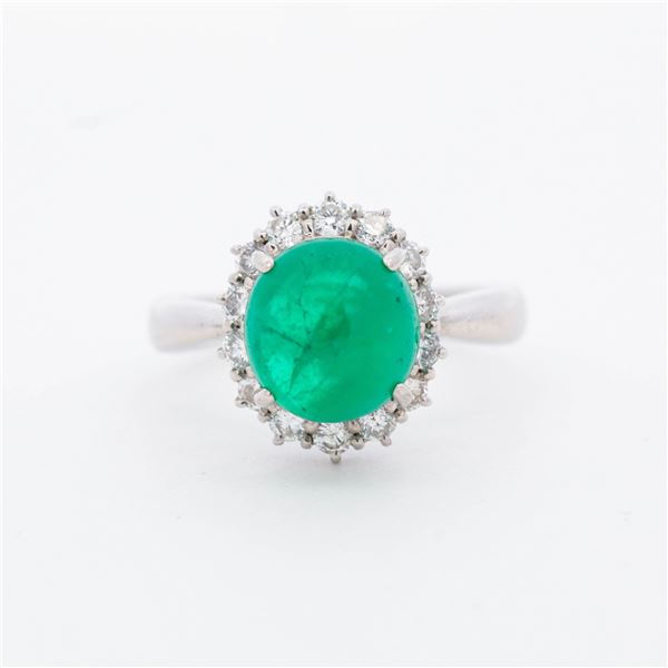 PT900 2.44ct Cabochon Emerald & 0.57ctw Diamond Halo Ring, 6.5