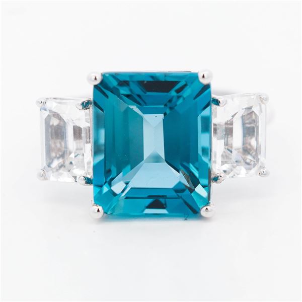 14KWG Effy 9.35ctw London-Blue & White Topaz Three-Stone Ring, 7