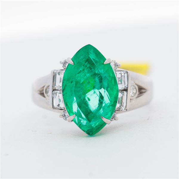 Platinum GIA Cert. 3.75ct Colombian Emerald & 0.60ctw Diamond Ladies Cocktail Ring, 6.25