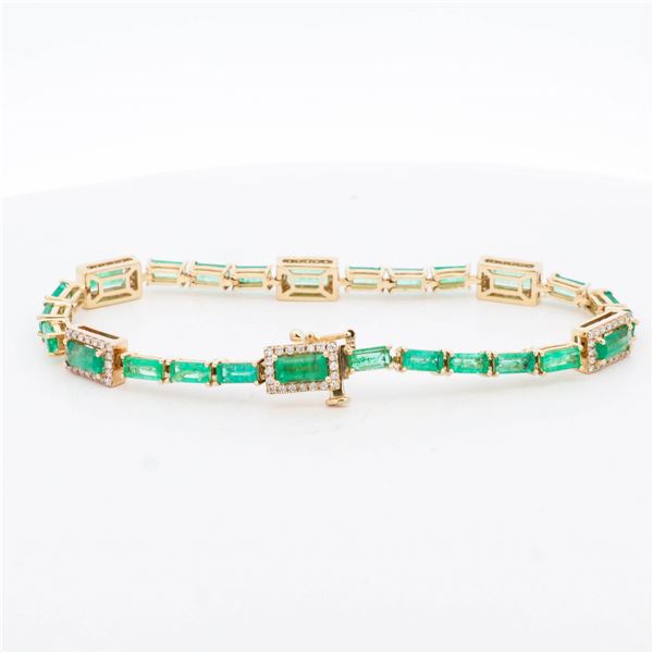 14KYG 6.75ctw Emerald & 0.60ctw Diamond Tennis Bracelet 7"
