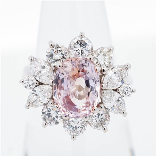 Pt900 4.67ct Padparadscha Sapphire & 2.40ctw Diamond Cluster Ring w/AIGS Report, 6.25