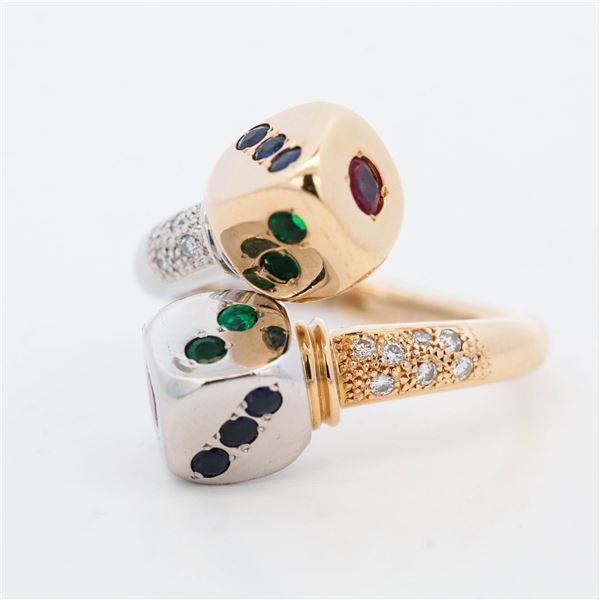 18KYG/Pt900 Diamond, Sapphire, Emerald & Ruby Dice Ring, 8.75