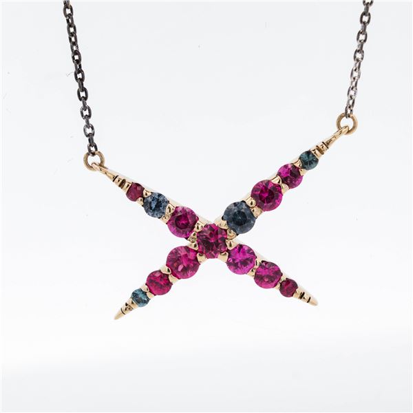 DESC 18KYG Green & Pink Garnet X-Motif Necklace 18"
