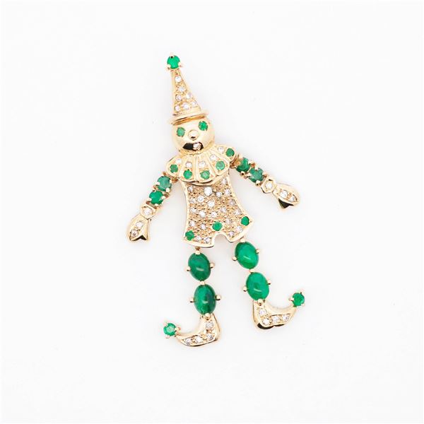 18KYG 3.06ctw Emerald & Diamond Articulated Clown Pendant