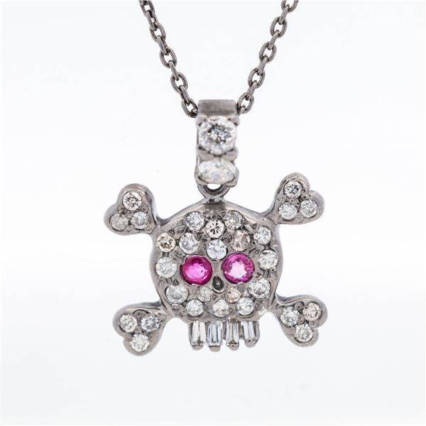 14KWG 0.50ctw Diamond & Ruby Skull Pendant Necklace 18"