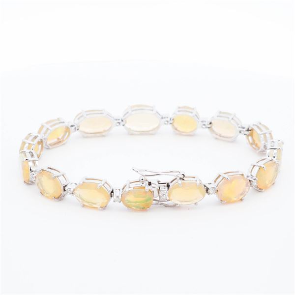 18KWG Oval-Faceted Opal & Diamond Line Bracelet 7.5"