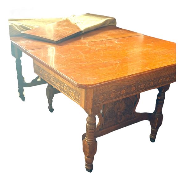 LARGE ANTIQUE OAK TABLE ON WHEELS