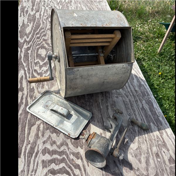 ANTIQUE BUTTER CHURN AND MEAT GRINDER