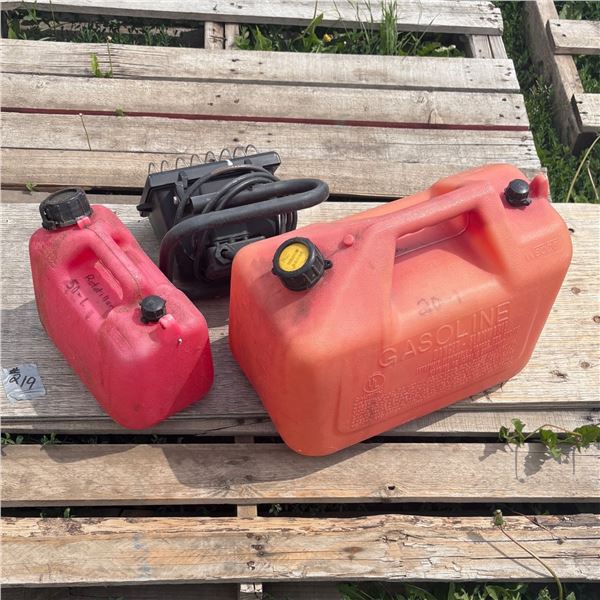 LOT OF TWO FUEL CANS AND WORK LIGHT