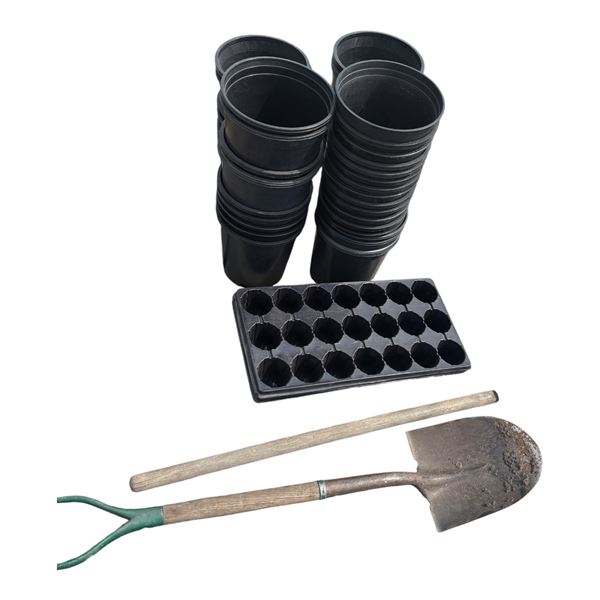 LOT OF GARDEN POTS AND TOOLS