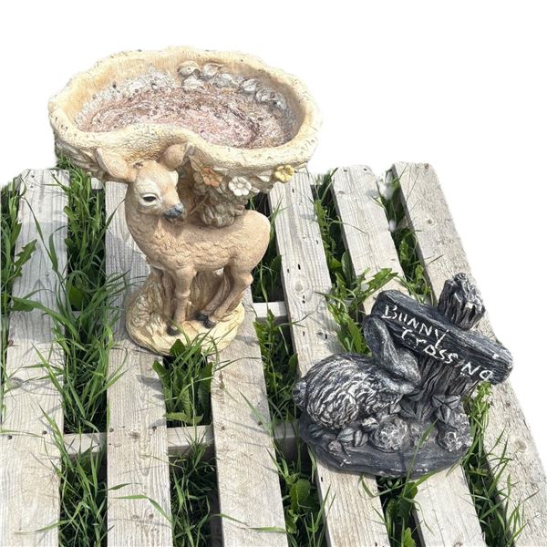 OUTDOOR DECOR - CONCRETE BIRD BATH AND CONCRETE BUNNY