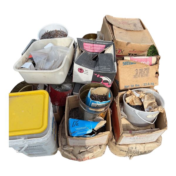 PALLET OF NEW IN OPEN BOXES NAILS AND SCREWS