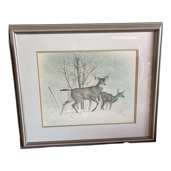FRAMED WATER COLOUR PRINT OF BUCK AND DOE