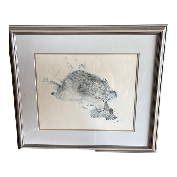 FRAMED WATER COLOUR PRINT OF LYNX WITH BIRD