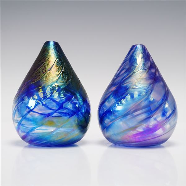 2pc Robert Vines Mt. St. Helens Ash Art Glass Vases, 1987
