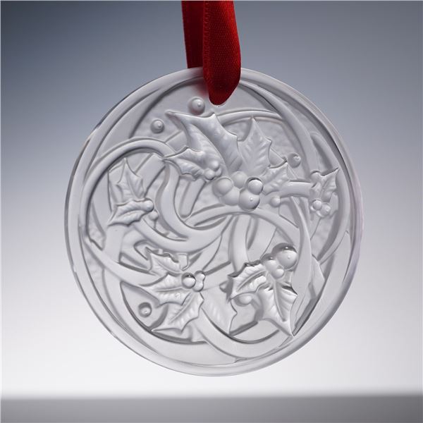 Lalique Frosted Crystal Holly and Ribbon Ornament with Box