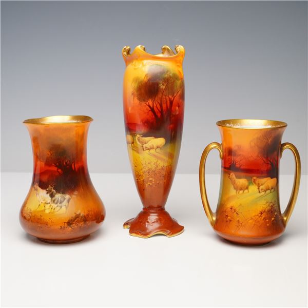 3pc Royal Doulton Holbein Ware Landscape Animal Vases
